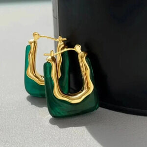 Gold plated Green coloured resin Hoop earrings - NEW